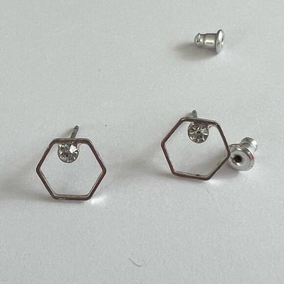Minimalist Silver Hexagon Stud Earrings Crystal Accent Geometric Post Modern - Picture 2 of 5
